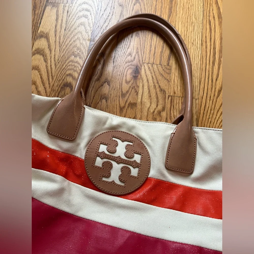 Tory Burch Pink and Cream Canvas Tote Bag